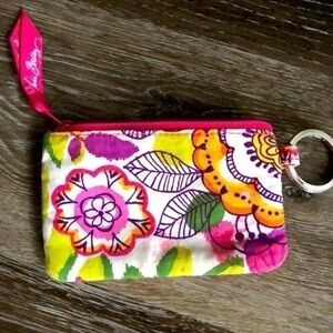 Vera Bradley pink Floral zip ID case keychain card holder
